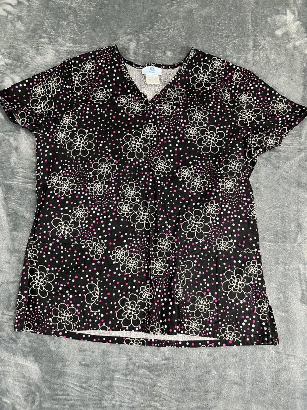 SB Scrubs Womens Black Floral V-Neck Short Sleeve Scrub Top M